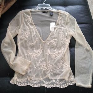 Cream Sheer Embroidered. Long Sleeve Shirt. Sz~L. NWT